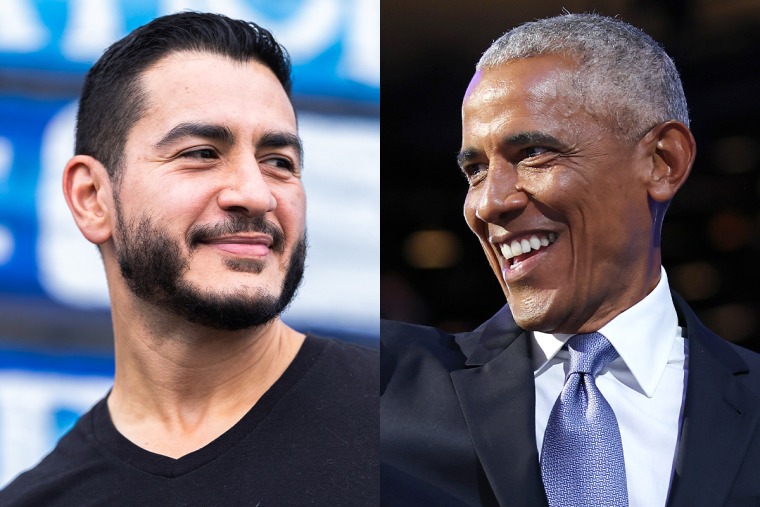 A split composite image of Abdul El-Sayed, left, and Barack Obama