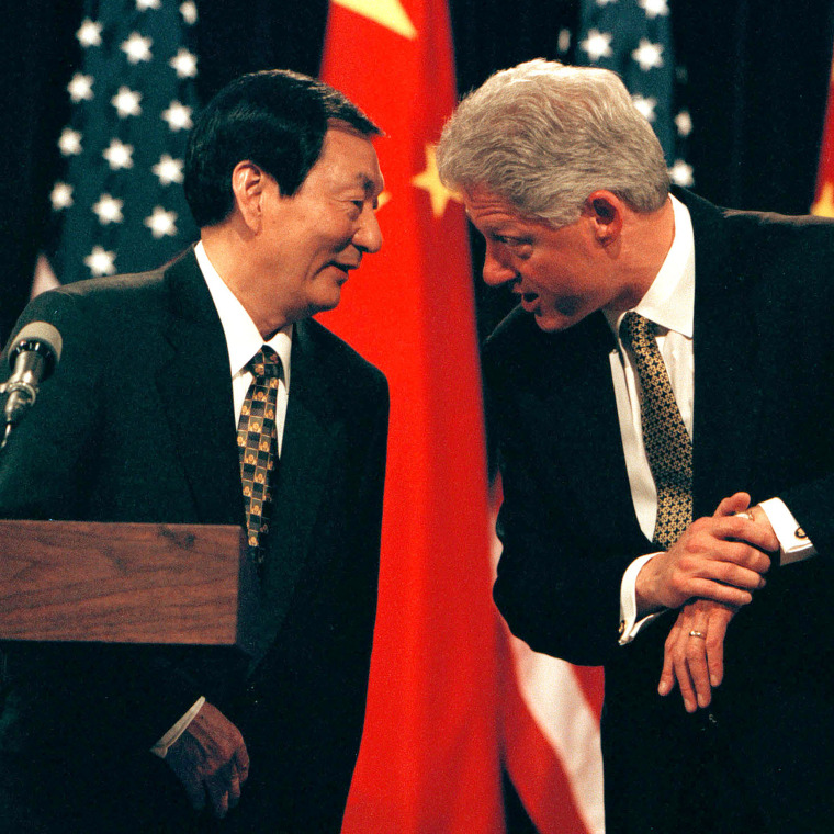 President Bill Clinton And Chinese Premier Zhu Rongji Confer With One Another As They Conclude Their