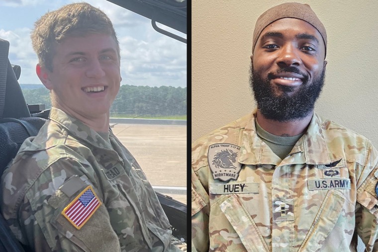 A split composite of Warrant Officer Seth L. Olmstead and Chief Warrant Officer 2 Deontre T. Huey.