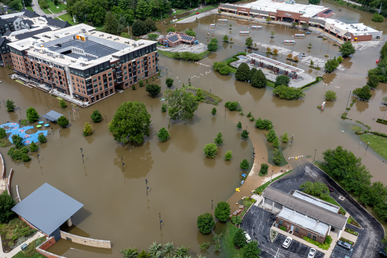 Aerial view of flooding in a city center