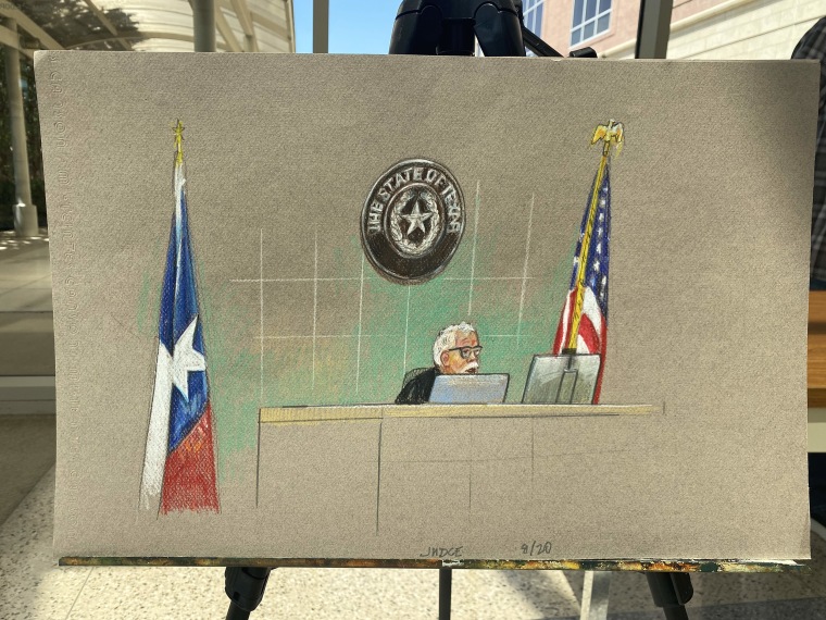 A courtroom illustration of a judge mounted on an easel. 