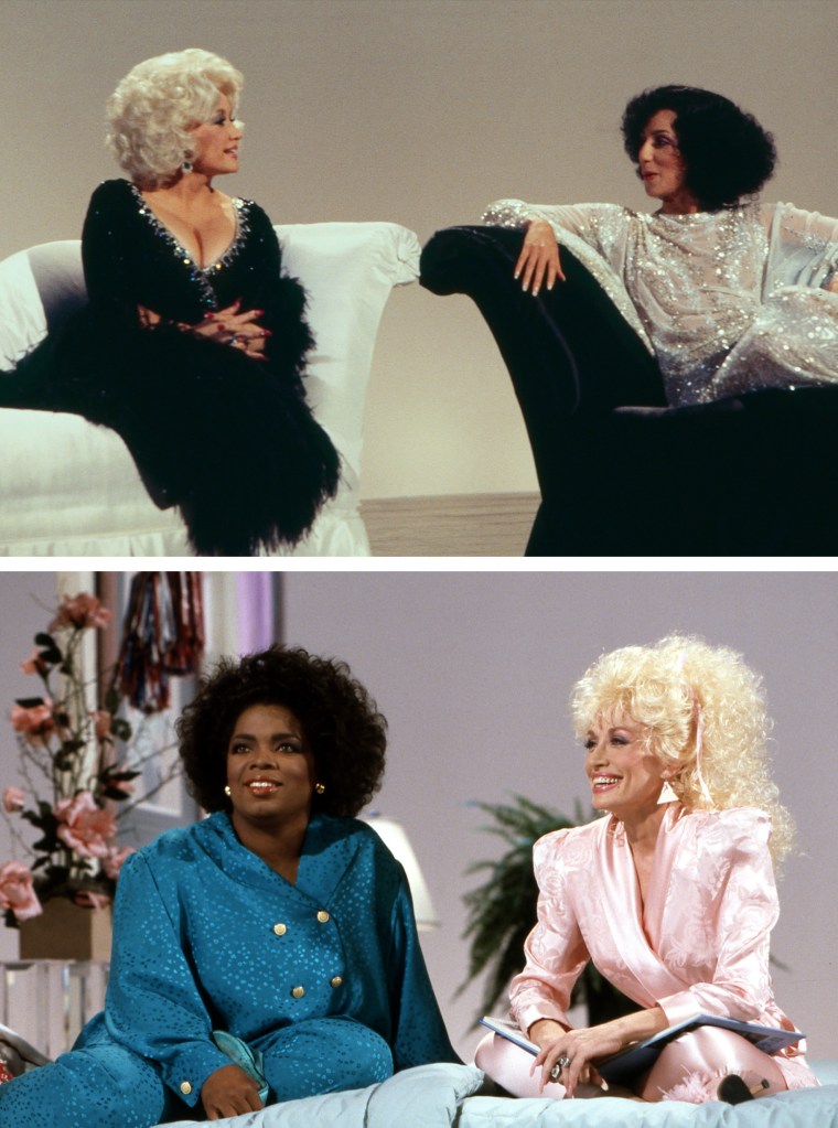 A split composite of Dolly Parton with Cher and Oprah.