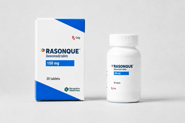 A box of Rasonque next to a white pill container of Rasonque