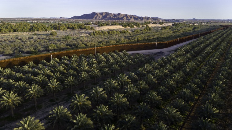 The U.S.-Mexico border stretches past a date farm in Yuma, Ariz., in 2024.,