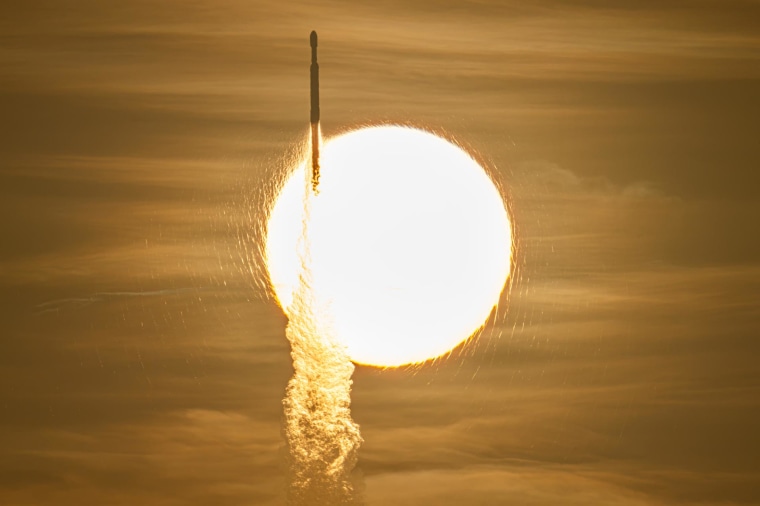 A SpaceX Falcon Heavy rocket with NASA’s Nancy Grace Roman Telescope on board launches from NASA’s Kennedy Space Center in Florida on Sunday.