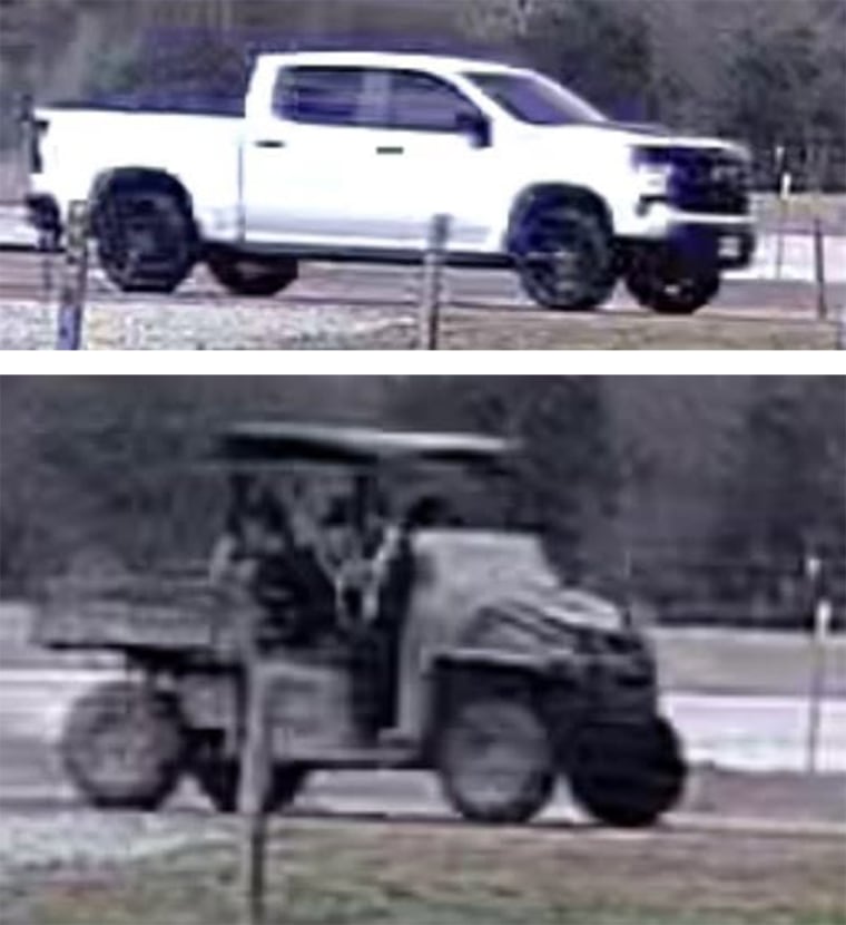 Top: Nikki's white 2025 Chevy truck. Bottom: A green 2014 Polaris Ranger XP 900.