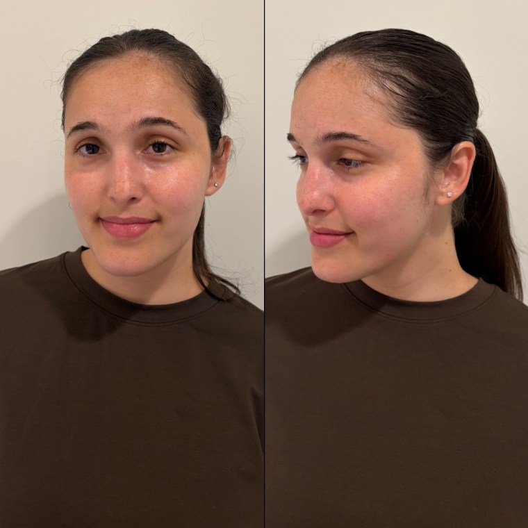Before and after of woman applying JVN wax stick to hair