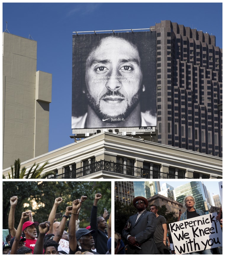 A triptych image showing a billboard of Colin Kaepernick and two protest scenes. 