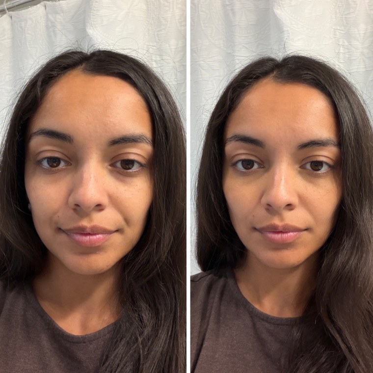 Tester Bella Milano before (left) and after (right) applying the Patrick Ta Major Skin Soft Blur Brightening Concealer