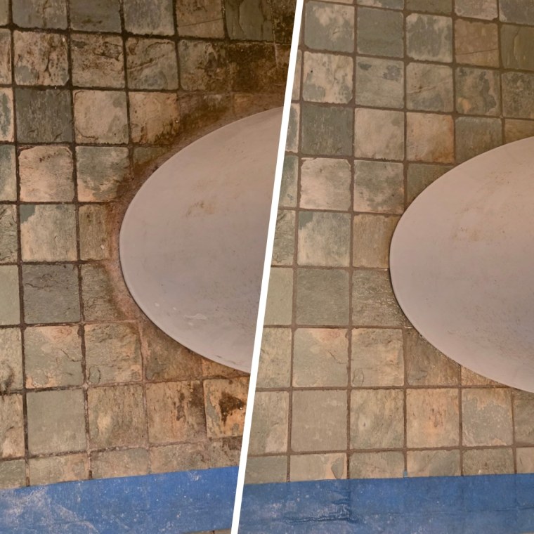 Before and after the Black Diamond grout cleaner was used on the area around the toilet.