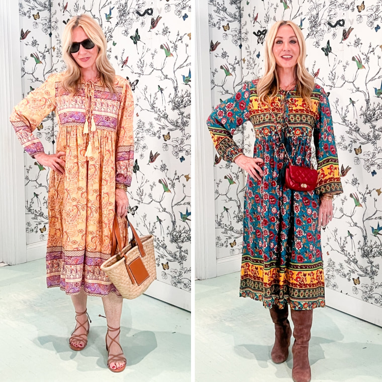Shop TODAY contributor Chassie Post styles the R.Vivimos Long Sleeve Floral Boho Midi Dress for summer (left) and fall (right).