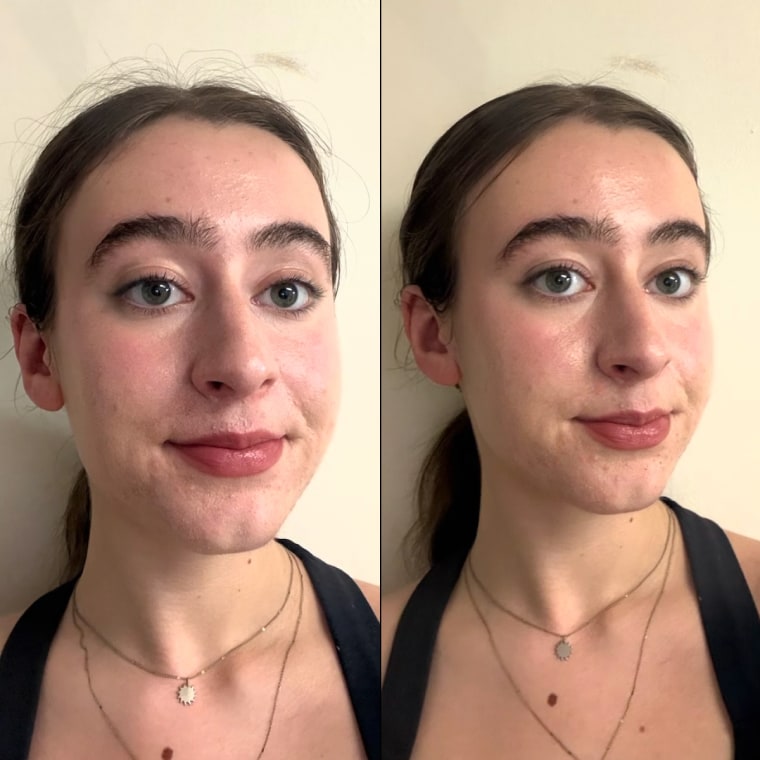 Before and after of woman applying a taming wand to baby hairs