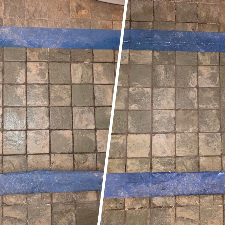 Before and after using the Clorox Plus Tilex Mold and Mildew Remover to tackle grout stains.