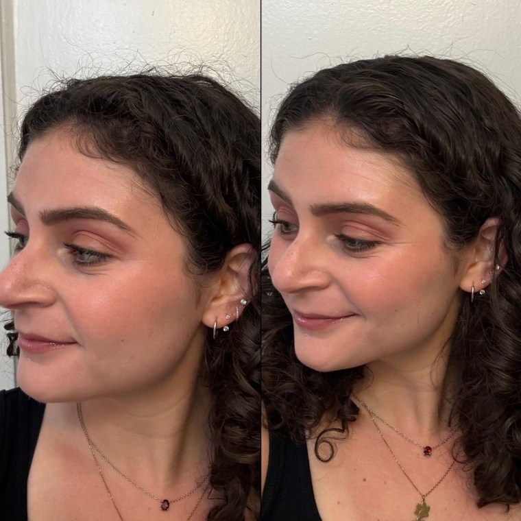 Before and after of woman applying taming wand to hair
