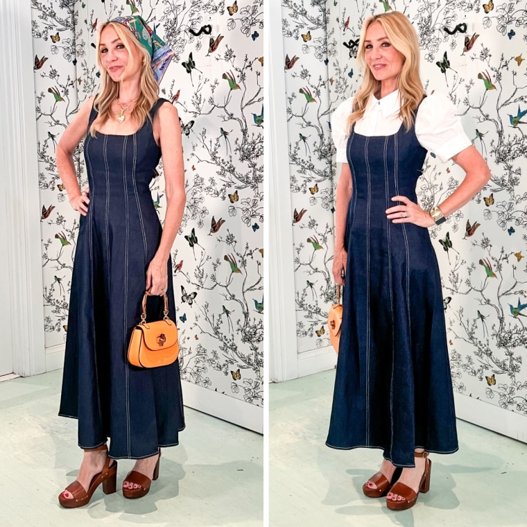 Shop TODAY contributor Chassie Post styles the Petal & Pup Callum Midi Dress for summer (left) and fall (right).