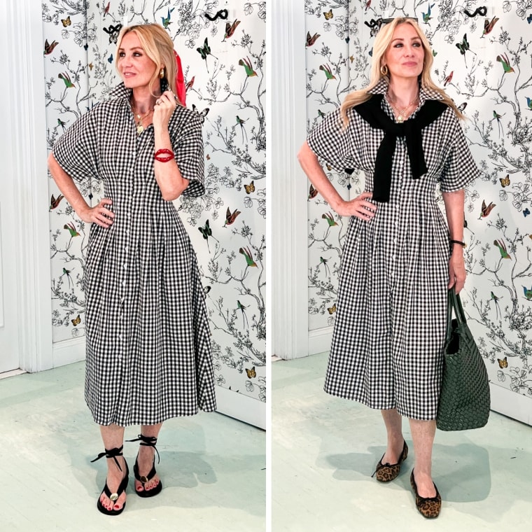 Shop TODAY contributor Chassie Post styles the Yeokou Short Sleeve Gingham Shirt Dress for summer (left) and fall (right).