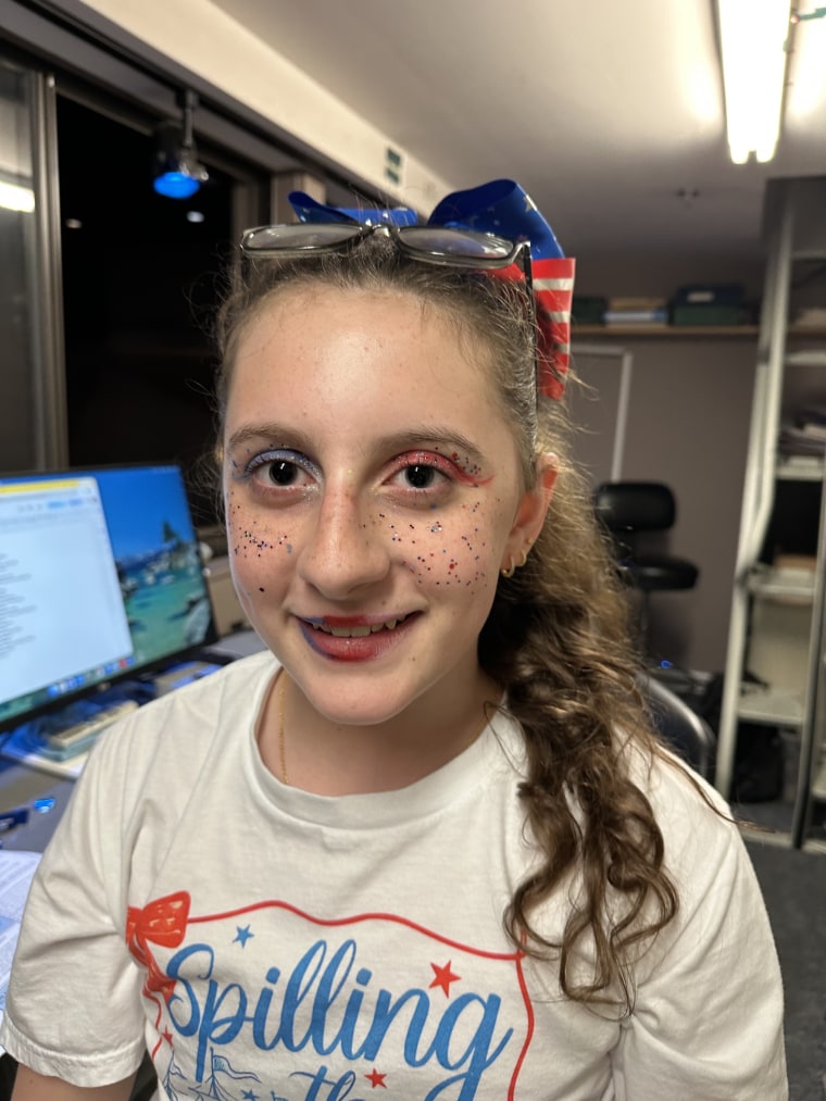 Harper, who is active in theater, wearing her blue contact lenses.
