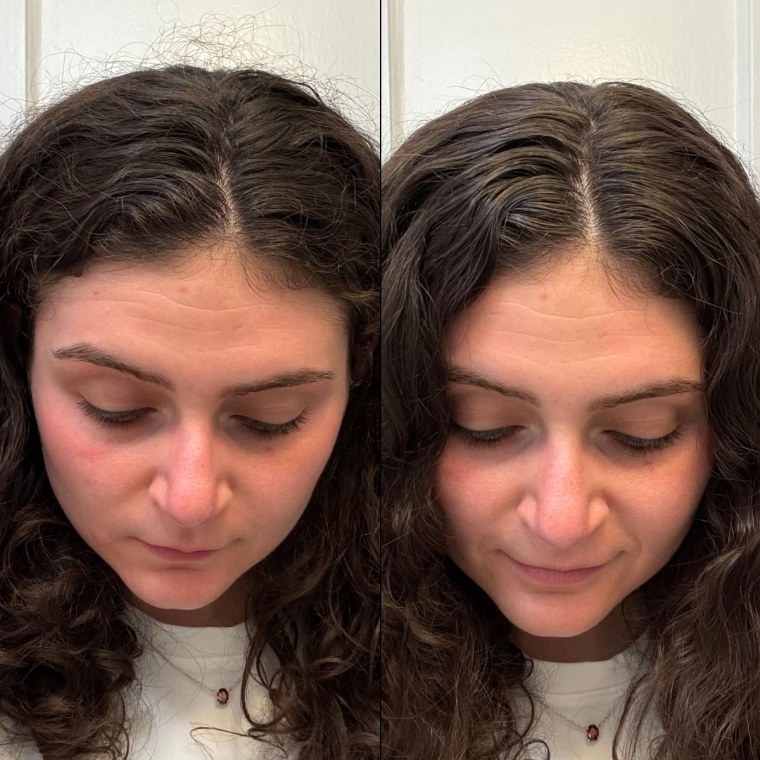 Before and after of woman applying taming wand