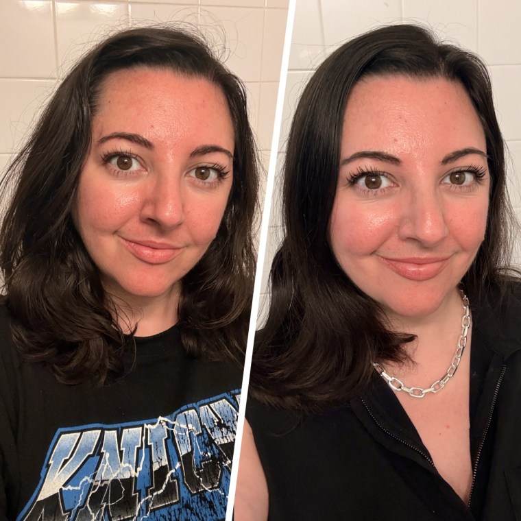 Before and after-test results of Jess Bender trying the Indē Wild Champi Hair Oil.