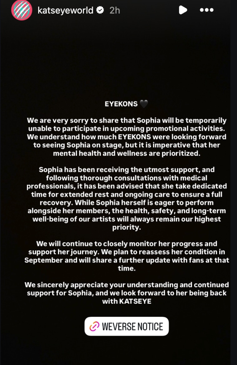 Katseye's statement about Sophia's break.