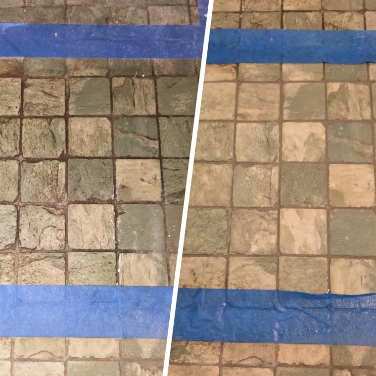 Before and after using the Magic Grout Cleaner on a tiled area.