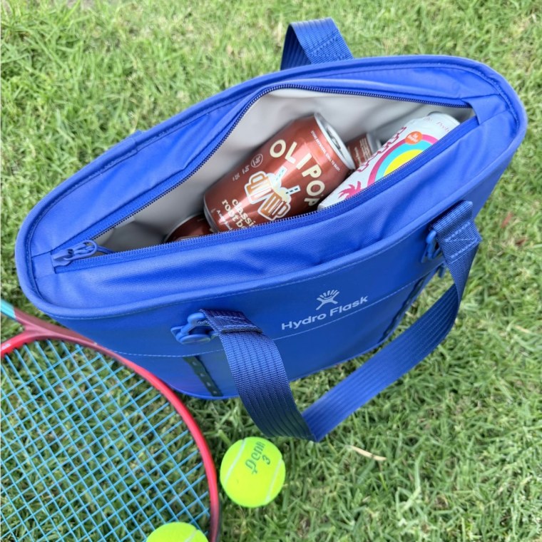 The Hydro Flask tote packed with cans to keep us hydrated during an afternoon of playing tennis.