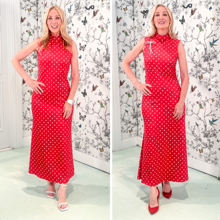 Shop TODAY contributor Chassie Post styles the Milumia Polka Dot Mock Neck Maxi Dress for summer (left) and fall and winter (right).