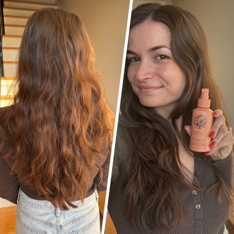 A before and after of Francesca Cocchi Zabloudil testing the Roz Wave Ocean Mist Texturizing Spray.