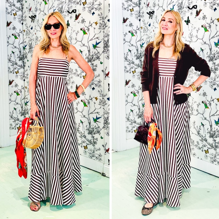 Shop TODAY contributor Chassie Post styles the Nufiwi Striped Flowy Maxi Dress for summer (left) and fall (right).
