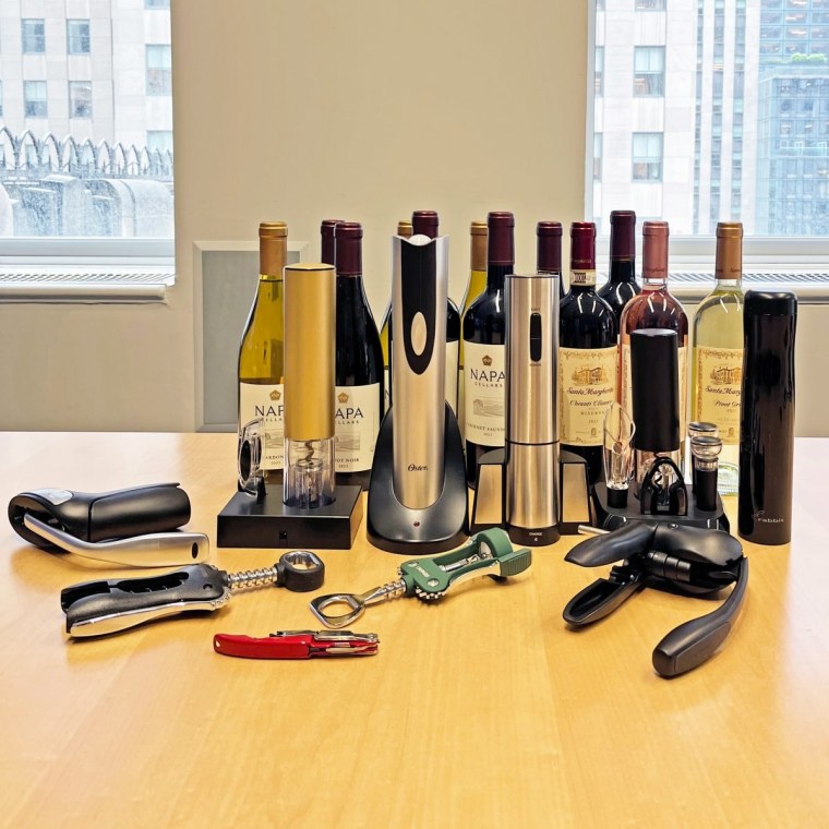 The full lineup of wine bottles and wine bottle openers that were part of testing.