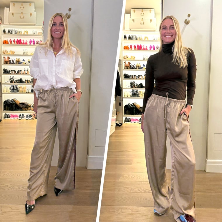 Snow in the Old Navy High-Waisted Satin Track Pants in Toasted Almond