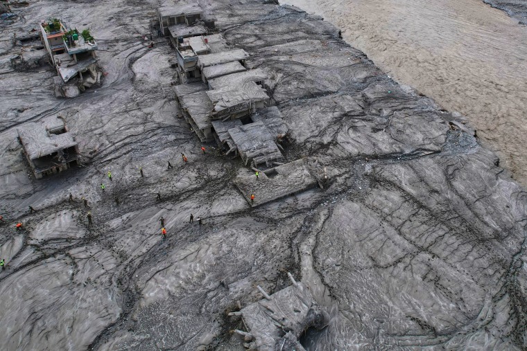 A drone view shows flash flooding along the Trishuli River in Nepal.
