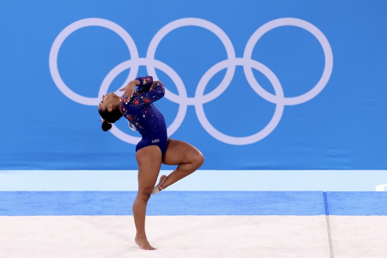 Jordan Chiles on the floor during an Olympics gymnastics event.