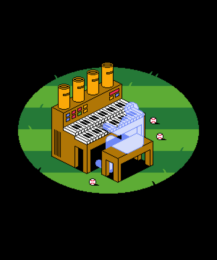 Animation illustration of a ghost playing an organ on a baseball field; as he hits keys, baseballs pop out of the organ pipes.