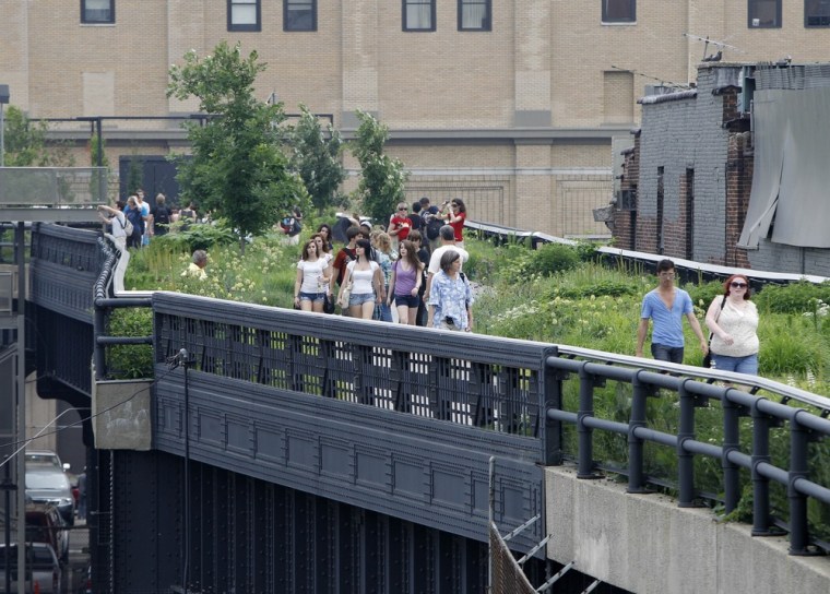 Pedestrians stroll along New York City's High Line, the elevated railway converted to a city park.