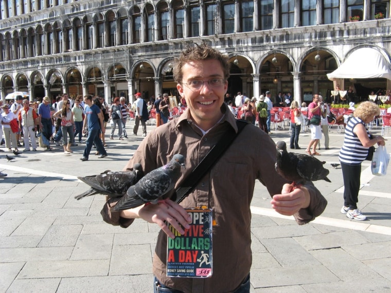 Doug Mack, shown here in Venice, traveled through Europe using a 47-year-old edition of Arthur Frommer's classic travel guide \"Europe on Five Dollars a Day\" while researching his new book, \"Europe on Five Wrong Turns a Day: One Man, Eight Countries, One Vintage Travel Guide.\"