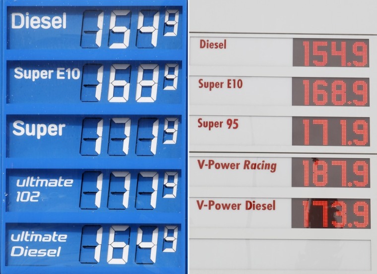 A price board at a petrol station in Berlin, Germany on March 30. The price for