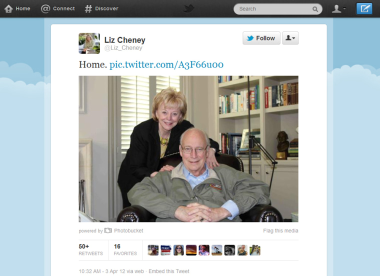 Liz Cheney posted a photo of her father Dick Cheney on Twitter on April 3, 2012.