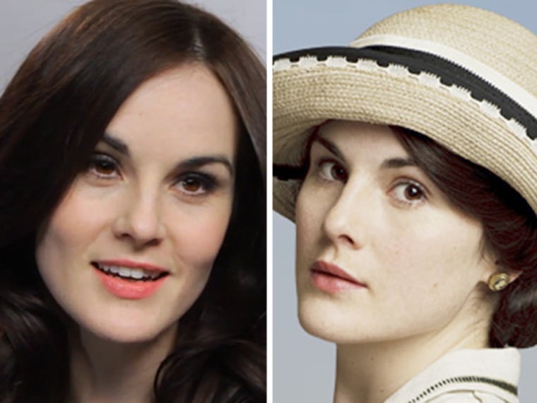 Actress Michelle Dockery, seen at left in a Vanity Fair video and at right in character for Downton Abbey.