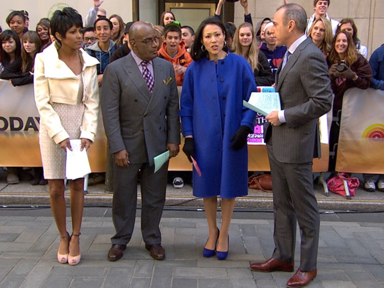 Tamron Hall joined Al Roker, Ann Curry and Matt Lauer on the plaza rocking an eye-catching white jacket.