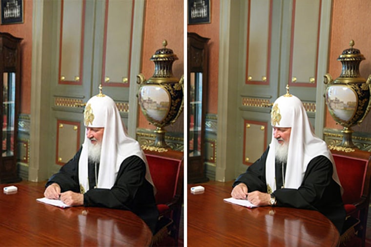 A doctored photograph of the Russian patriarch, left, which has since been removed from his official website to be replaced by the original photo showing his watch, right.