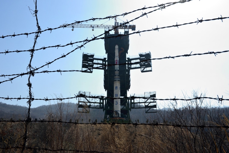 The North Korean Unha-3 rocket is pictured at Tangachai -ri space center on April 8.