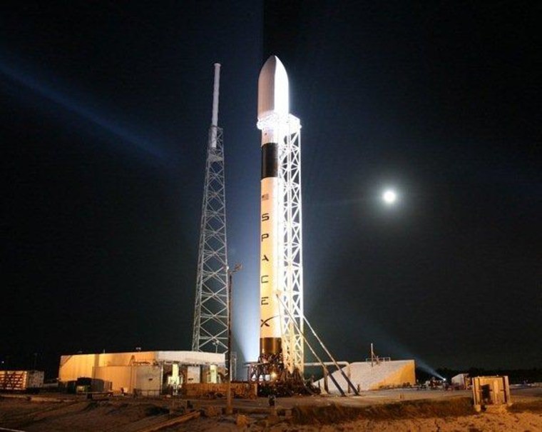 A Falcon 9 sits on its launch pad at Cape Canaveral, Fla.