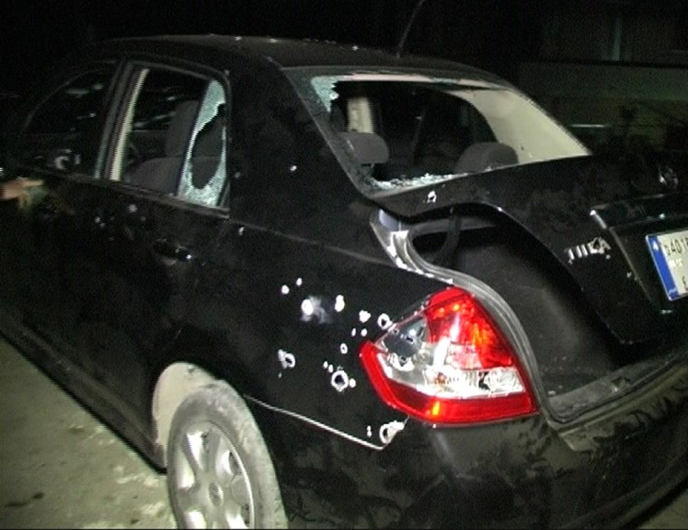 A handout image grab made available by Al-Jadeed TV on April 10, 2012 shows the bullet-riddled car of the station's crew in the northern Lebanese city of Tripoli after it came under fire by the Syrian army while the team was reporting on the Lebanese-Syrian border.