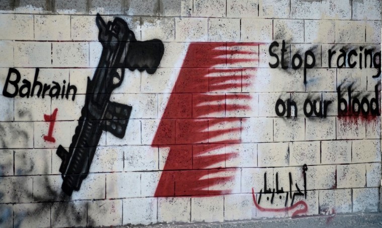 Graffiti protesting the Formula One Bahrain Grand Prix in the village of Barbar, west of Manama, on April 9.