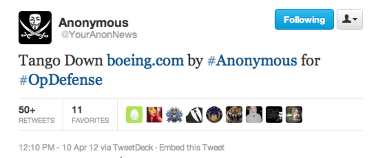 YourAnonNews tweet about Boeing