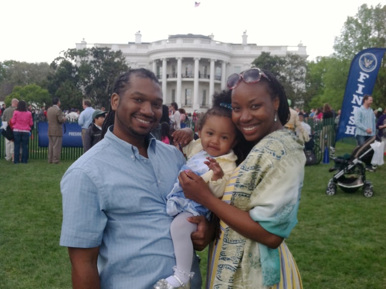 That picture-perfect moment: The author, Halimah Abdullah, husband John Irons, and daughter Zahra on the White House lawn.