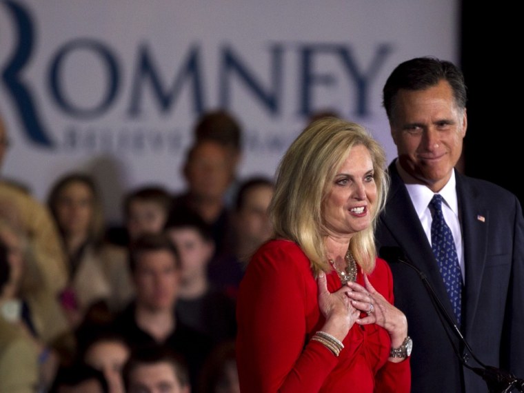 Ann Romney and Mitt Romney address an audience during a victory rally in Schaumburg, Ill., on March 20.
