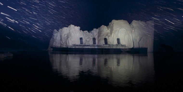 A light projection of the Titanic on a 500-meter-long iceberg in the Northern Polar sea of Greenland, during the night of 13 April 2012.