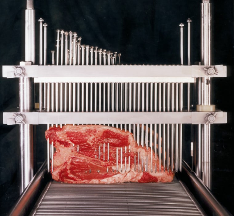 Meat producers use blade tenderizers to treat tough cuts of meat, breaking muscle fibers and connective tissues.